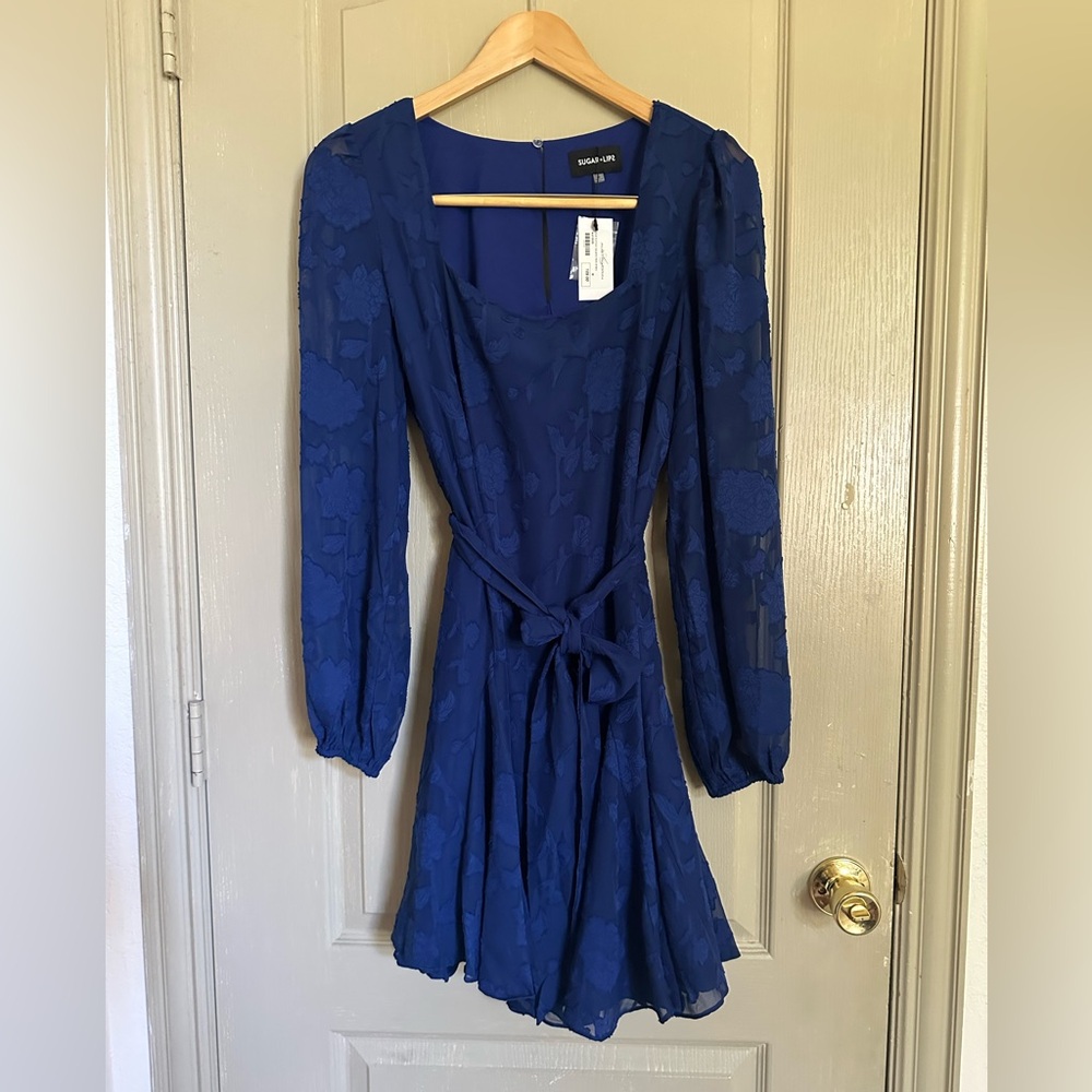 Sugarlips Royal Blue Floral Long Sleeve Dress
